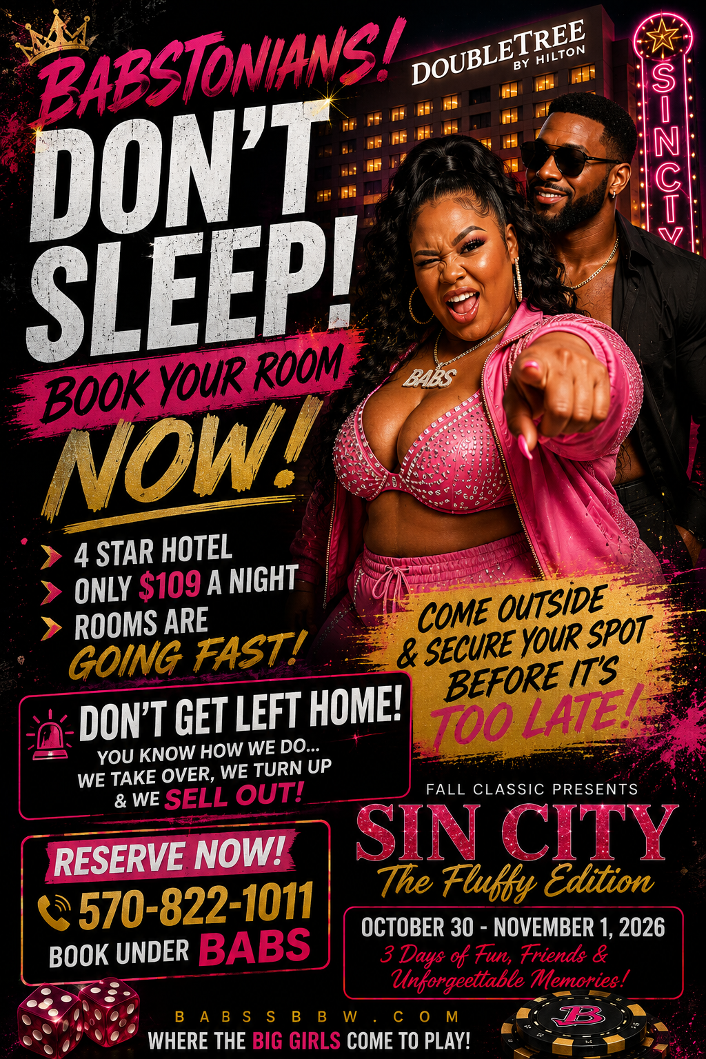Sin City: The Fluffy Edition promotional flyer featuring Babs in pink, hotel reservation details, and October 30–November 1, 2026 event dates.