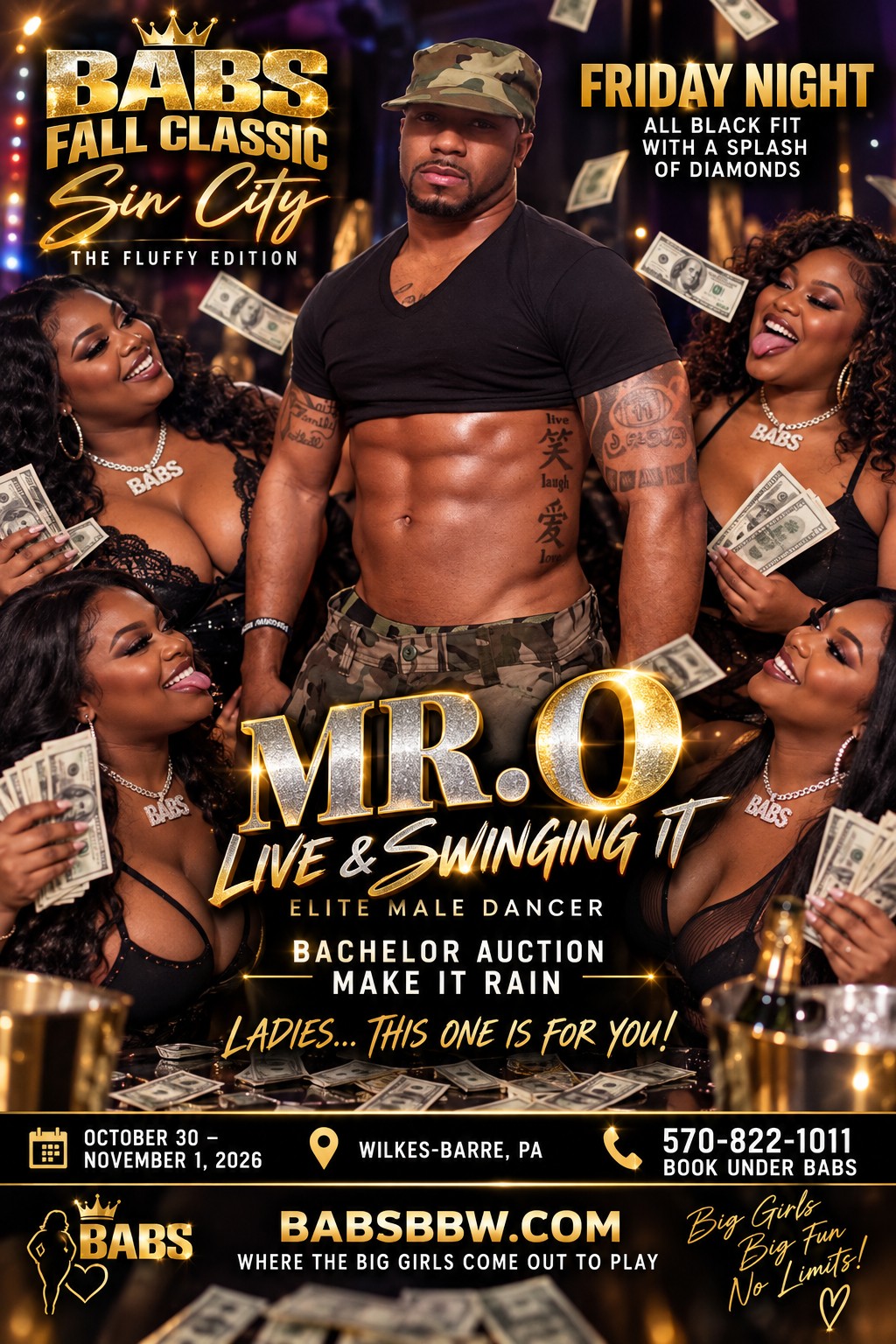 Babs Fall Classic Friday night flyer featuring Mr. O, elite male dancer and bachelor auction. All-black attire with a splash of diamonds.